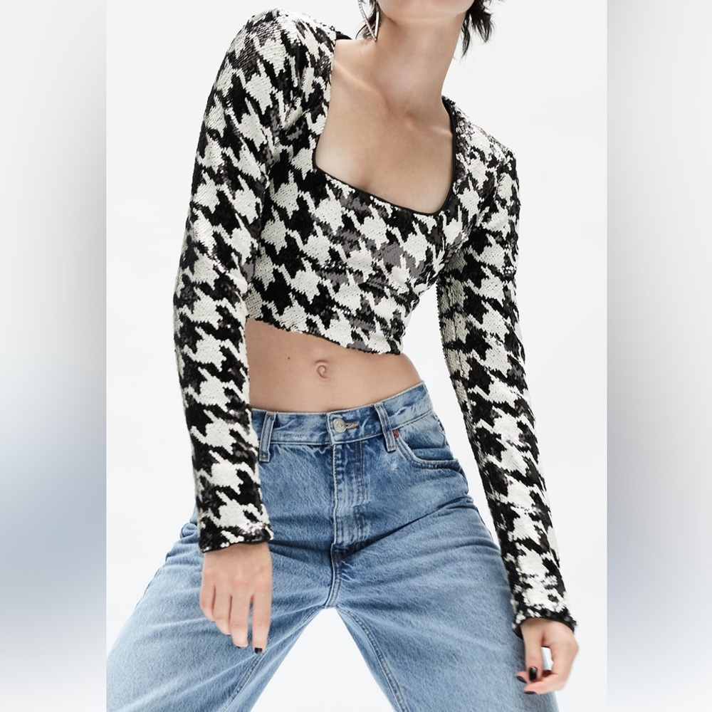 Zara Sequin Houndstooth Crop Top